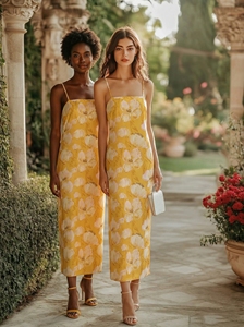 <span class=keywords><strong>Abito</strong></span> <span class=keywords><strong>Midi</strong></span> Floreale <span class=keywords><strong>Giallo</strong></span> Senza Spalline, Elegante Vestito Tubino Boho per Donne - Product Image 3