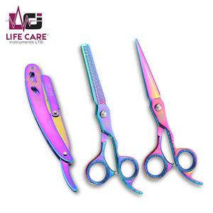 Tijeras de peluquería multicolor y tijeras de entresacar con juego de navajas de afeitar, set de peluquería para estilistas de Life Care Instruments - Product Image 1