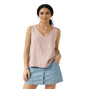 Camiseta sin mangas de algodón tejido con cuello en V para mujer, personalizada OEM de primera calidad, con botones y cuentas, forro suave, transpirable, blusa de verano sin mangas. - Product Image 2