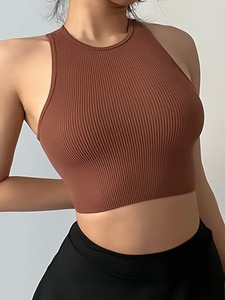 Soutien-gorge de sport côtelé pour femmes |   Soutien-gorge de sport sans couture à col ras du cou et maintien élevé |   Polyamide Spandex Compression Athlétique Yoga Front - Product Image 2