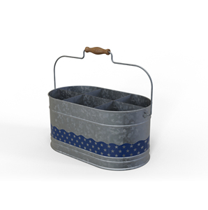 Oval Metal Storage Organizer with Wooden Handle <b>Red</b> Blue Zigzag Pattern Durable Utility Bin for Living Room Sundries - Product Image 5
