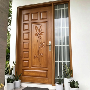 Puerta de entrada de madera maciza con diseño floral tallado y panel lateral de vidrio para uso exterior GA-43S - Product Image 1
