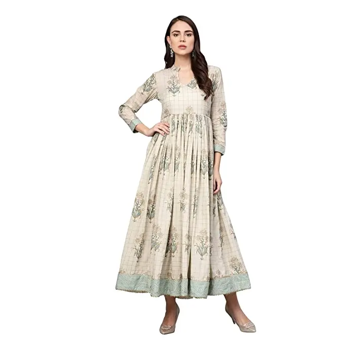 Ethnic Women's Creem Gold Bota Print Anarkali Cotton Dress Plus Size Women Winter Collection Indian/Pakistani Boho Dress