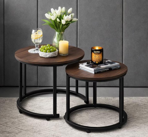 Modern Round Set of 2 Coffee <b>Tables</b> with Rustic Wood Top Decorative Design <b>Adjustable</b> Non-Slip Feet for Home & Garden Use - Product Image 4