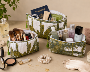 Quilted Cotton Bohemian Eco-Friendly Cosmetic Bag Set Green <b>Makeup</b> Organizer Floral Print Travel for Pouch Tassel Storage - Product Image 6
