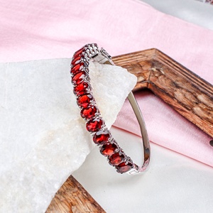 Wholesale 925 Sterling <b>Silver</b> Natural Oval Garnet Prong Set Hinged Bangle <b>Bracelet</b> Memoria Jewels - Product Image 1