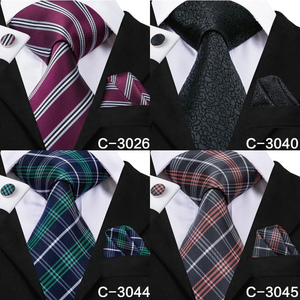 Corbata de seda a cuadros marrón para hombre, conjunto de pañuelo de bolsillo y gemelos de alta calidad para boda - Product Image 2