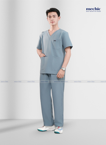 Mechic men's medical uniform in light greyish-blue with V-neck, short <b>sleeves</b>, made of 4-way stretch poly rayon fabric - Product Image 3