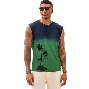 Camiseta sin mangas con gradiente para hombre, cuello redondo, estampado de palmeras, chaleco informal transpirable de poliéster tejido - Product Image 1