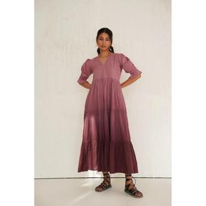 Gorgeous V-Neck A-Line Maxi <b>Dress</b> Cap Sleeve Simple Natural 100% Cotton <b>Tiered</b> Pleated Romantic Summer Style Women Wholesale - Product Image 1
