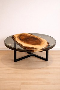 Mesa de centro redonda de resina epoxi con rodajas de madera natural y tapa de vidrio, mueble contemporáneo para decoración de sala de estar, uso en interiores. - Product Image 2