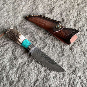 Couteau de camping à lame fixe droite en acier Damas haute dureté avec manche en plastique, couteau à viande OEM en stock avec étui en cuir - Product Image 6