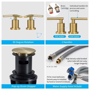 8-Inch Widespread Bathroom Faucet Low Arch Brushed Gold 3-Hole Vanity Sink Faucet Metal Pop Drain Assembly Bath Shower Series" - Product Image 3