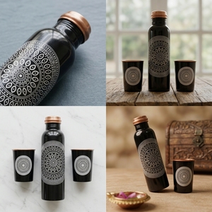 Juego de 2 Botellas Decorativas Modernas de Acero Inoxidable para Diwali, Botella con Diseño Impreso para Mesa de Noche (1000 ml + 2 x 275 ml) - Product Image 6