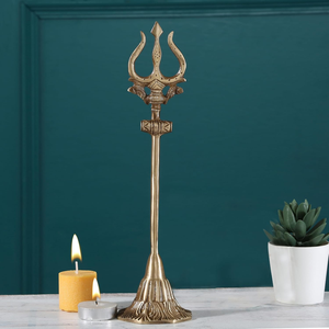 Trishul de Latón con Estatua de Damru, Tridente del Dios Shiva, Ídolo Decorativo para el Hogar, Templo, Puja, Mandir, Decoración Religiosa Hindú - Product Image 1