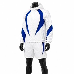 Men's White Blue Color Blocked Hooded <b>Windbreaker</b> Jacket Set Water Resistant All Seasons Custom <b>Windbreaker</b> Sets - Product Image 1