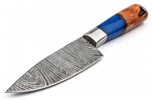 Couteau de chef artisanal en acier Damas, manche hybride en résine bleue et bois de burl, couteau utilitaire de préparation - Product Image 4