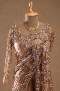 Luxury Rose Gold <b>Sequin</b> Saree Gown with Designer <b>Jacket</b> for Women Wedding Party Wear Reception Cocktail Evening Dress - Product Image 3