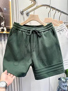 Shorts de sport décontractés haut de gamme pour hommes, en tissu peigné tricoté à la main, taille mi-haute élastique, couleur unie, style pantalon de survêtement américain - Product Image 3