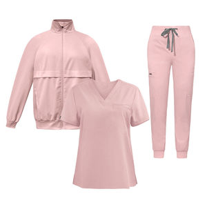 Conjunto de Uniforme Médico Rosa para Mujer, Top con Cuello en V, Chaqueta con Cierre y Pantalones Jogger de Poliéster - Product Image 1
