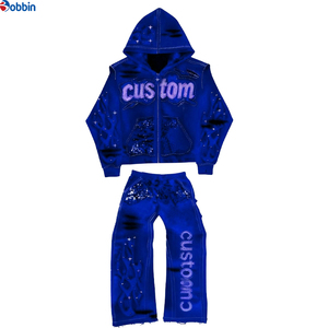Conjunto de Sudadera con Capucha Casual Estampada Personalizada de Última Tendencia para Hombre, Pantalones de Chándal Acampanados Bordados, Chándal Vintage de Estilo Urbano de Gran Gramaje - Product Image 3