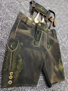 Lederhosen traditionnels allemands pour hommes, taille mi-haute, bretelles brodées, style bavarois, short en laine fait main, uni et respirant - Product Image 6