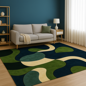 Alfombra de lana hecha a mano, abstracta, moderna, verde oscuro claro, geométrica, para sala de estar, venta al por mayor, hecha en India - Product Image 2