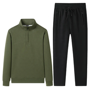 Sudadera de Forro Polar Verde Oliva para Hombre con Cierre de Media Cremallera y Pantalones Deportivos con Cintura Elástica Negra y Cordón Ajustable, Ropa Casual de Otoño - Product Image 1