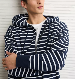 Top Selling OEM Custom Logo Striped Printed Regular Fit Full <b>Zip</b> Men's Hoodies 340 GSM 100% Cotton French Terry Knitted Fabrics - Product Image 1