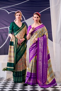 Sari indien en soie Tussar fantaisie à imprimé floral et travail en feuille d'or pour les occasions festives et de mariage, et également pour un usage décontracté pour les femmes. - Product Image 6