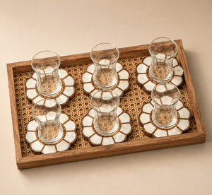 Plateau de service rectangulaire en bois de luxe classique et robuste, 6 sous-verres floraux, design traditionnel, artisanat en rotin, ensemble décoratif - Product Image 2
