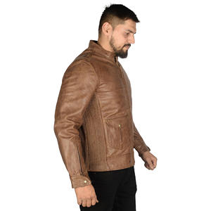 Veste en cuir véritable pour homme, style motard, marron vieilli, col mandarin, coupe ajustée, style vintage - Product Image 6