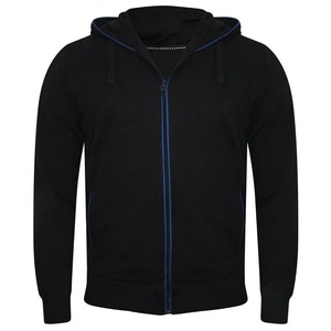 Black Men Zip Up Hoodie Contrast Blue Piping Cotton French Terry Full Zipper Hooded Sweatshirt Jacket Sporty Casual - Product Image 1