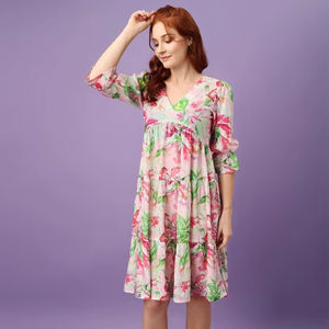 Vestido Midi de Georgette con Estampado Floral de Calidad de Exportación para Mujer, Natural, Elegante, Cómodo, Ecológico, en Varios Colores y Tallas - Product Image 1