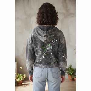 <b>Women's</b> Acid Wash Zip Up Cropped <b>Hoodie</b> Green <b>White</b> Splatter Print Drop Shoulder Streetwear Sweatshirt - Product Image 5