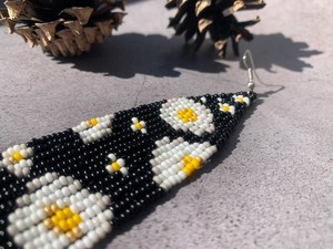 Daisy Bead Fringe <b>Earrings</b> - Boho Black fringe <b>earrings</b> - long beaded <b>earrings</b> - handmade beadwork <b>earrings</b> - boho bead flowers - Product Image 2