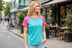 Débardeur Raglan Uni pour Femme, Col Rond, Manches Courtes, Vert Teal Rose, Sportif, Anti-boulochage, Imprimé en Relief, 100% Coton Jersey - Product Image 4