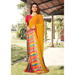 GEORGETTE TELA SAREE EN COLOR AMARILLO ESTAMPADO TRABAJO AMARILLO - Product Image 1