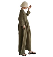 Abaya Wanita Linen Panjang Lantai Model Sederhana Kerah O Lengan Tiga Perempat Model A-Line Warna Solid Sederhana Bahan Bernapas Cocok untuk Musim Semi