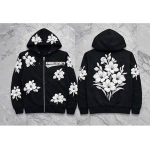 Sudadera con Capucha de Algodón de Primera Calidad, Personalizada con Estampado Puff, Diseño de Flor de Lirio Blanco, Sudadera Negra con Cierre, Fabricante de Ropa Deportiva OEM - Product Image 1