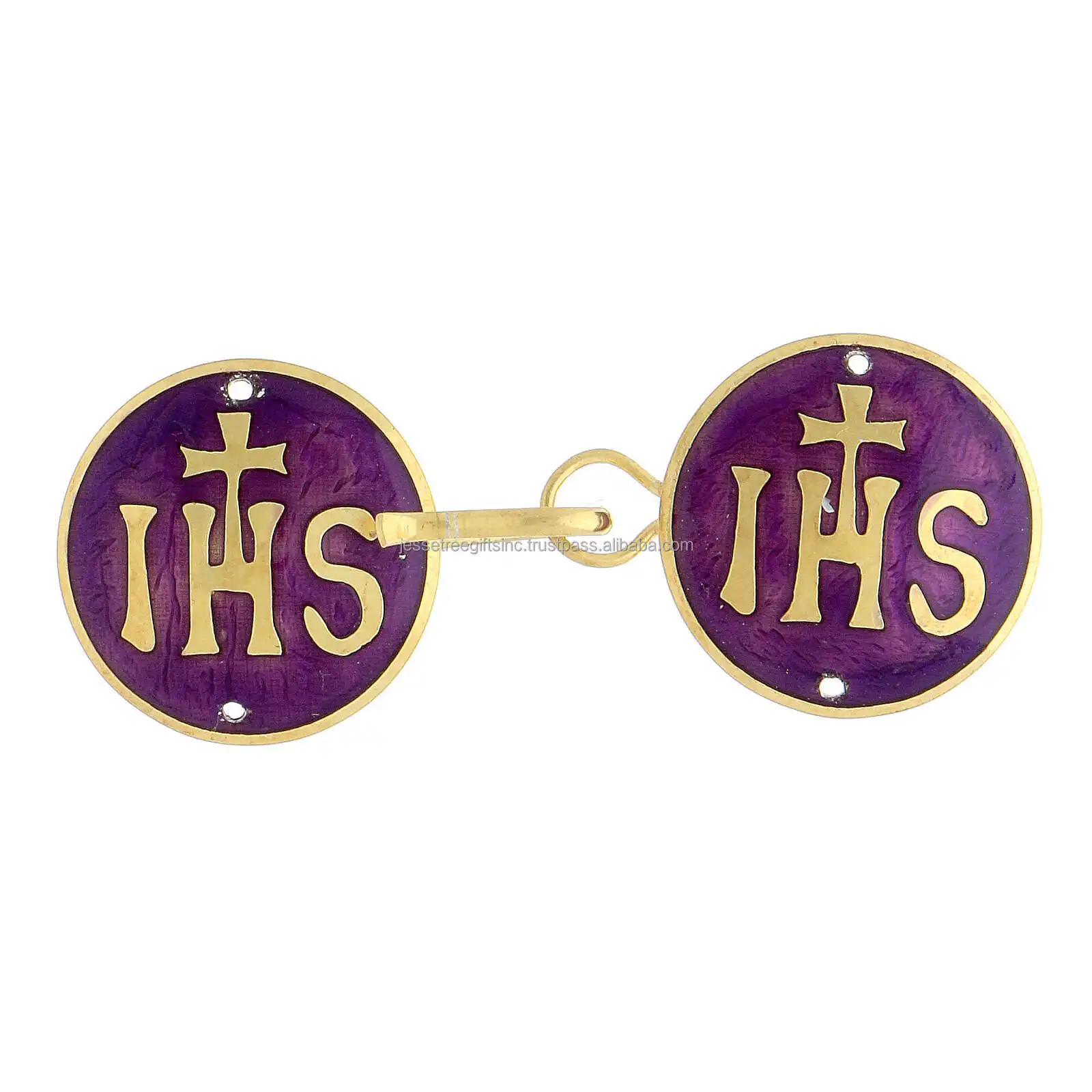 Insignia de cierre de capa de metal con acabado dorado y morado Diseño de letras de forma redonda Alta calidad para precio al por mayor religioso