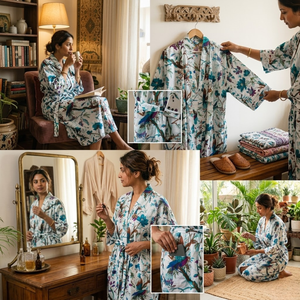 Bata Kimono de Algodón Gris Floral para Mujer, Manga Larga, Ropa de Dormir, Bata de Baño Larga con Cinturón Ajustable - Product Image 6