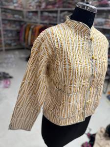 Yellow Striped Mandarin Collar Blazer Women's Full Sleeve Cotton Printed Single <b>Button</b> Closure Spring Regular Length GIFT - Product Image 4