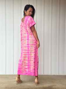 Vestido Kaftán Rosa Tie Dye con Cuello en V, Vestido Informal, Caftán Marroquí - Product Image 3