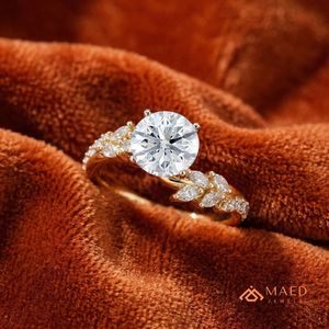 แหวนหมั้นทองคำ 14K ทรงกลมประดับมอยส์ซาไนต์ ดีไซน์ใบไม้ แหวนแต่งงานสุดหรู เครื่องประดับเจ้าสาว สินค้าอินเทรนด์จากสหรัฐอเมริกา - Product Image 4