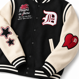 SINEWY SPORTS <b>Men's</b> Varsity <b>Jacket</b> Black Beige Embroidered <b>Letter</b> D Palm Tree Stars Heart Patch Casual Streetwear Outerwear - Product Image 6