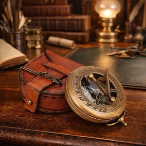 Brújula de Magnezia con Apertura a Presión y Diseño de Reloj Solar, Estuche de Cuero, Accesorio Steampunk Vintage, Regalo Único para Hombre, Hermosa Decoración Antigua Hecha a Mano - Product Image 1