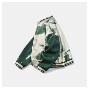 Blouson universitaire coupe droite pour homme, vert et blanc, peint à la main, coupe-vent, col montant, style décontracté, idéal pour l'automne - Product Image 3