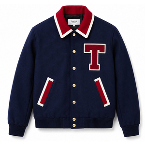 New Arrivals Men's Navy Varsity Jacket Front <b>Red</b> T Applique Embroidered Patch Soft <b>Wool</b> Fit Custom Color Premium Windproof - Product Image 1