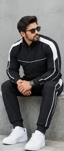 Survêtement de sport pour homme, imprimé rayures noires et blanches, style streetwear, fermeture éclair intégrale, coupe classique, poches latérales, 100% coton, idéal pour l'hiver - Product Image 5